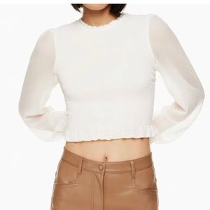 Wilfred Tempest Smocked Chiffon Blouse in Light Birch Sz M Aritzia NWT $128